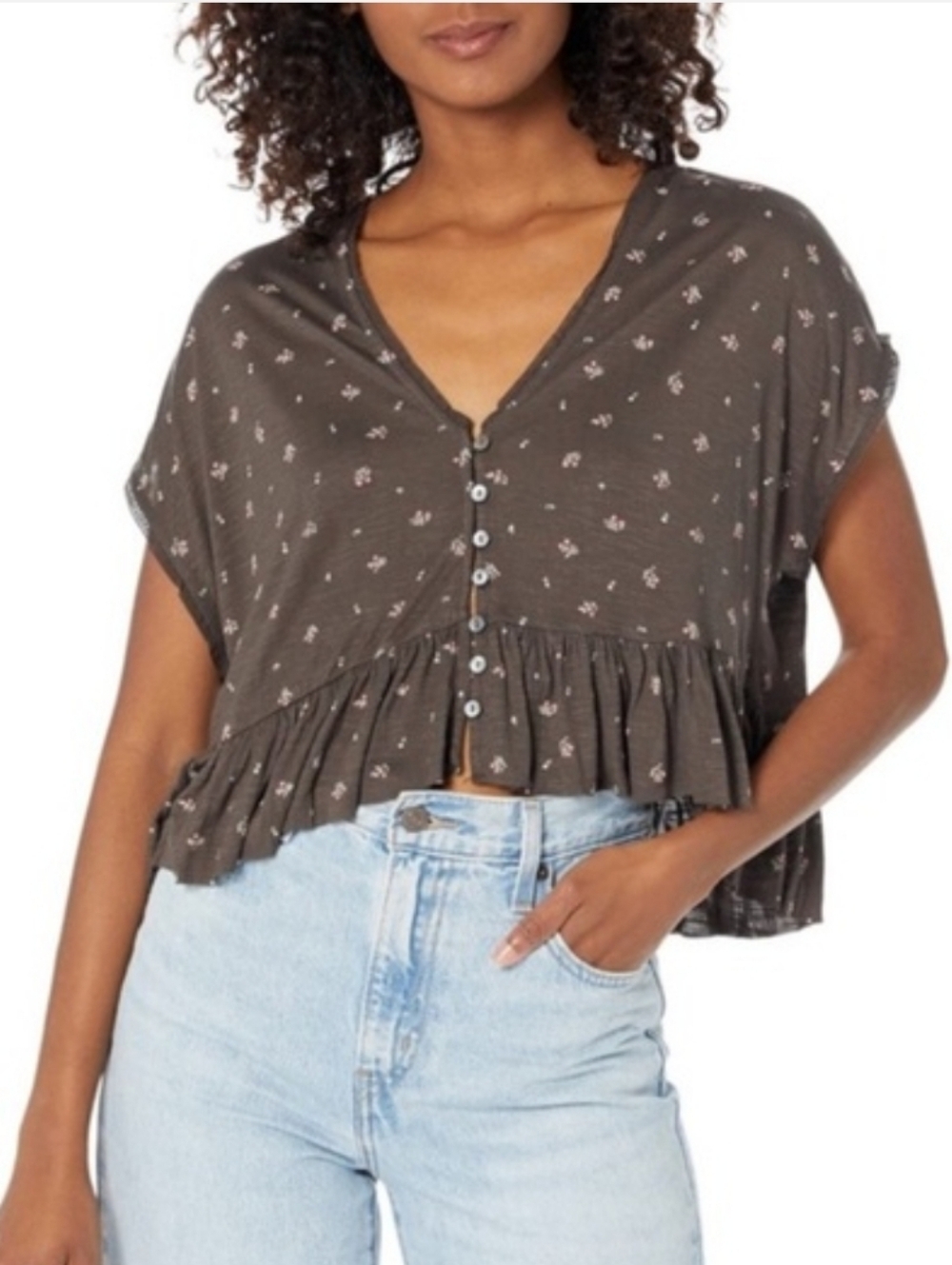 Lucky Brand Woven Floral Ruffle-Back Button Front Top Brown